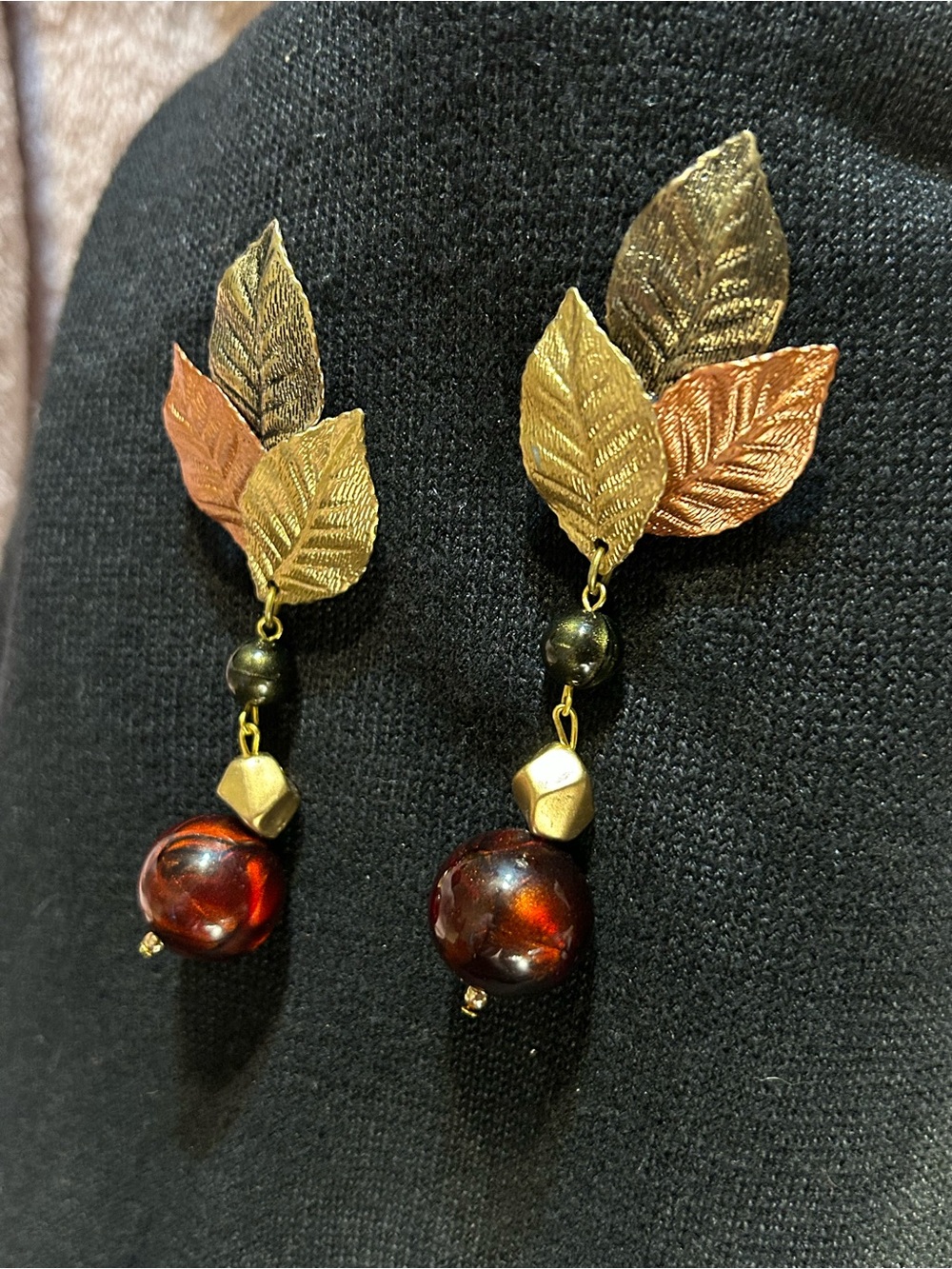 Gold-Tone Leaf Drop Earrings with Amber Glass Beads